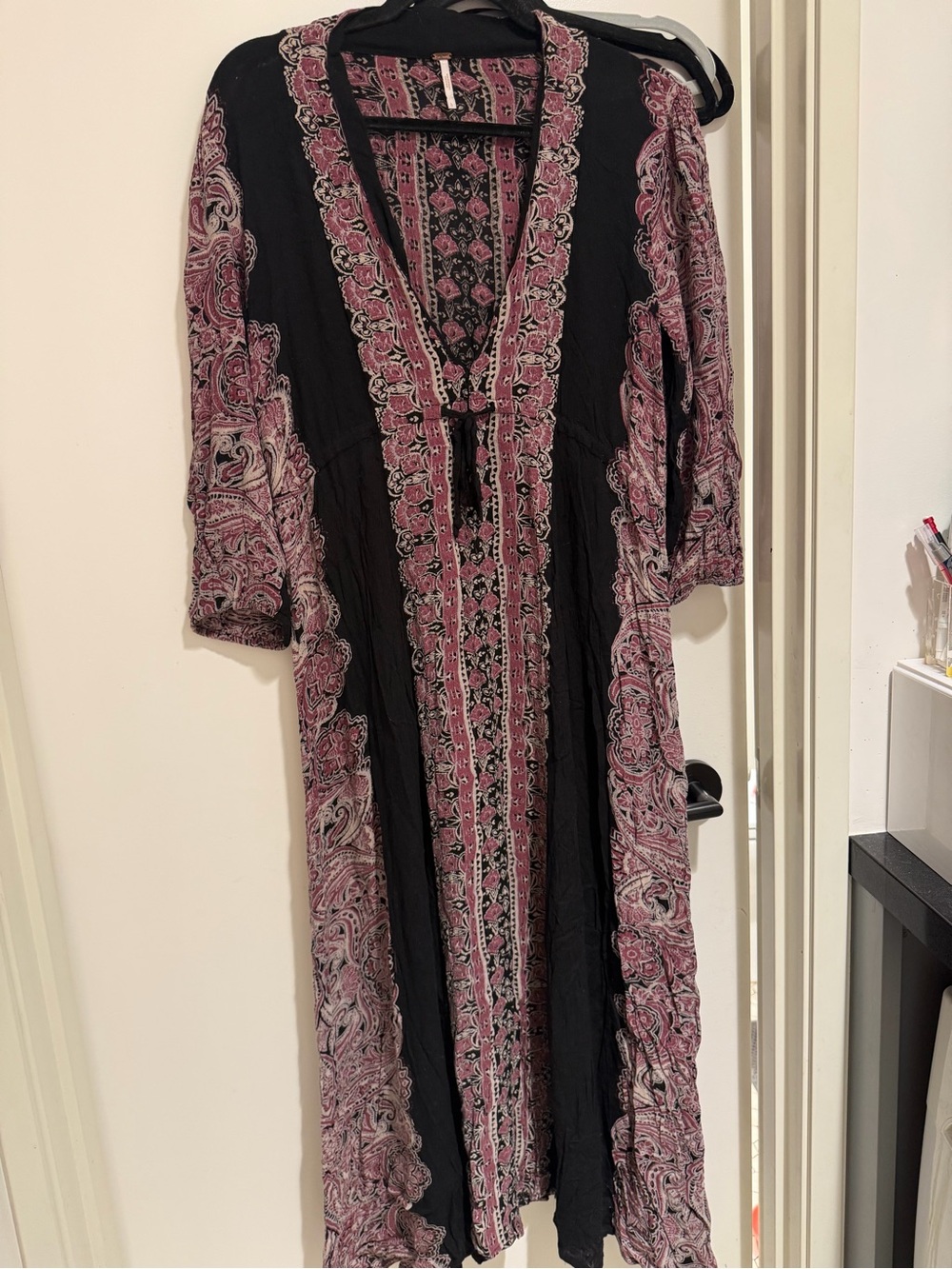 Free People Black Maxi Dress with Pink Paisley Trim
